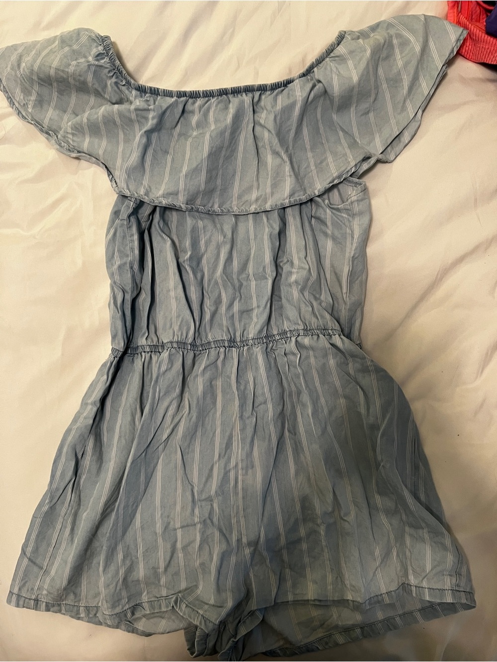 Ci Sono Pale Blue Striped Off-Shoulder Romper